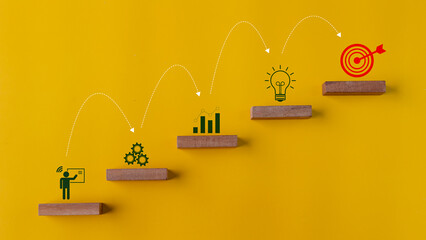 Business success concept with wooden stairs and icons on a yellow background. Goal and target,...