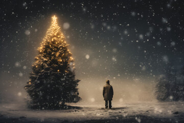 Fototapeta premium christmas tree in the snow at night with silhouette of man
