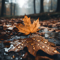 A leaf covered with drops of autumn rain on the forest ground; Autumn leaves; 
Resolution 4096x4096