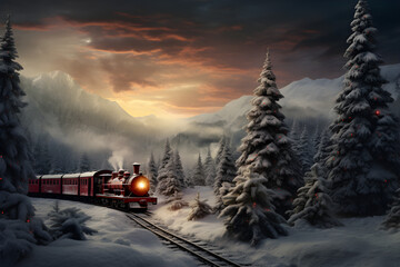 steam train snow sunset landscape on a winter evening
