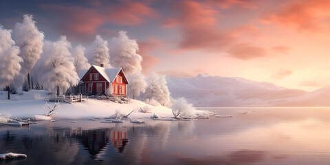 house by the winter lake at sunset - christmas landscape cinematic photography