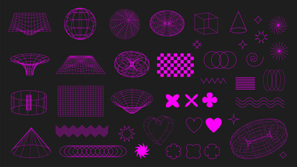 Geometry wireframe shapes and grids in neon pink color.Rave psychedelic retro futuristic set. Surreal geometric shapes, abstract backgrounds and patterns, wireframe, cyberpunk elements and perspective