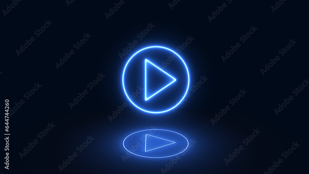 Poster blue play button on black background. start button. neon glowing play button. neon glowing 3d play b