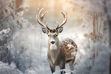Christmas portrait of deer in the snow