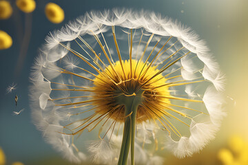 Macro Dandelion Seed in Motion - Vibrant Yellow Fuzz with Intricate Details