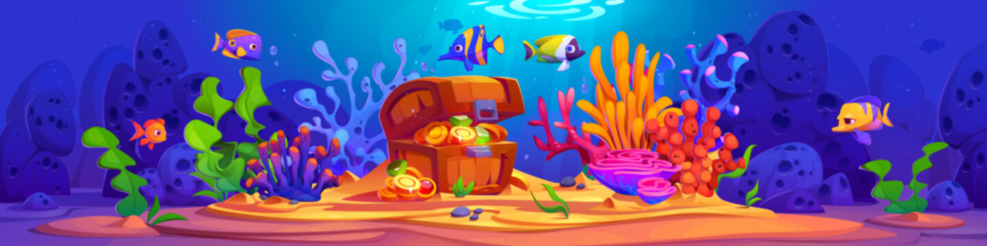 Bottom under water seafloor scene with treasure chest. Ocean underwater world cartoon game background. Stone, alga, coral and weed aquarium environment design with fish. Oceanic wildlife painting