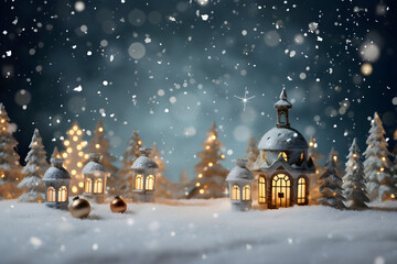 Fototapeta premium christmas decorations and trees in snow - beautiful creative background image for christmas card or invitation design