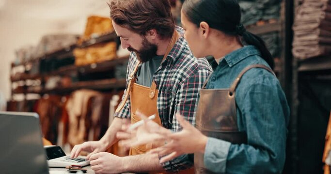 Laptop, leather workshop and industrial team writing notes for an online retail order for delivery. Industry, collaboration and young man and woman with ecommerce small business for tanning in office