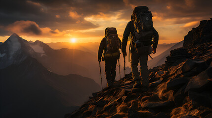 climbers walking to the top of a mountain at sunset - obrazy, fototapety, plakaty