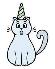 A cat in a festive green and white cap. Color vector illustration. Surprised muzzle. White animal in a cap with a spiral pattern. Cartoon style. The kitten is celebrating a birthday. 