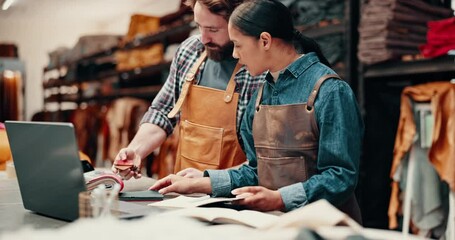 Leather work, color palette and material for textile choice with man and woman, attention and detail in shop. Employees, people and laptop for research on texture and product for customer or design