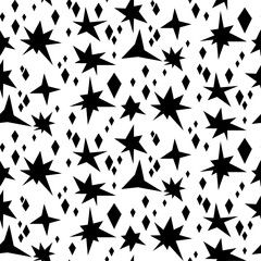 Seamless pattern in the form of black stars of various shapes. Bright sparks and outlines of flashes, similar to fireworks on a white background, glow. Flickering glare glow light effect bright flash