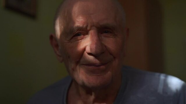 Happy senior man portrait smiling at home. Close-up headshot of 80s years old man on retirement in sunlight. 