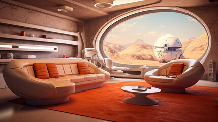 Fototapeta premium Futuristic interior design of a living room in a house on mars. Idea for interior design