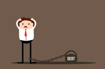Unhappy Businessman in Debt with Shackles. Banking and business failure concept.