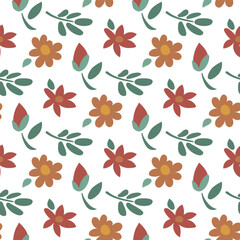 A pattern of flowers, leaves on a white background. Floral seamless pattern, cartoon vector illustration. Children's texture for printing on fabric, paper. Gift wrapping for the holiday