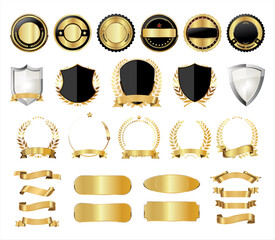 Collection of golden badge laurel wreaths golden shields and labels