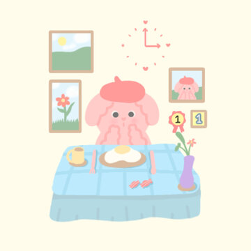 pink bear background wearing red hat Eat breakfast and have a vase of flowers on the table