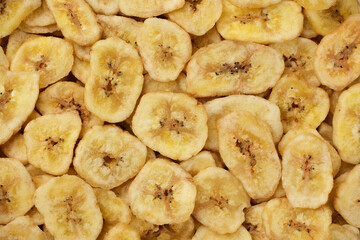sliced baked banana chips, close up