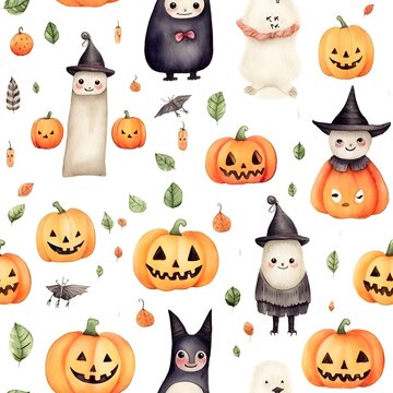 Herbst und Halloween Muster, nahtlos, Muster f&uuml;r Kinder, K&uuml;rbisse, Nahtlosmuster, Hintergrund, Bl&auml;tter, Laub, Zauberei, zauberhaft