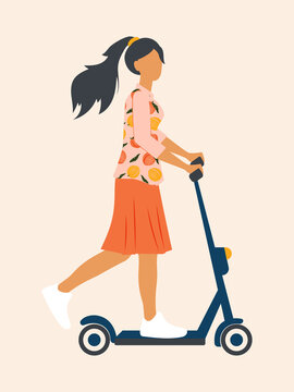 Young cheerful woman with a ponytail rides a blue electric scooter in summer and enjoys life. Spring vertical postcard. 