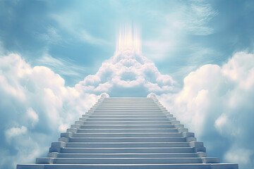 Staircase in the clouds leading to heaven with rays of light