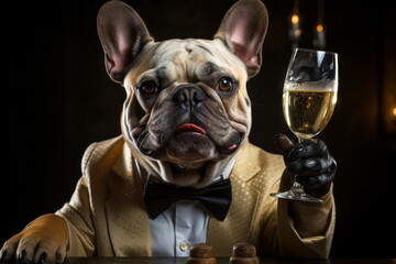Festive clothing bulldog sitting with glass of champagne on black background. Celebrating concept
