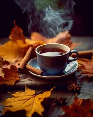 Fototapeten A cup of hot tea stands on a wooden table littered with fall leaves. Cinnamon sticks © Olga