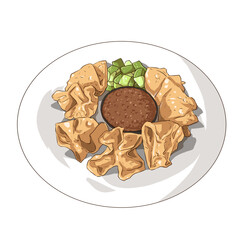Batagor is a traditional Indonesian food with dumplings and peanut sauce on the plate. This image can be used for food, snacks, food menus