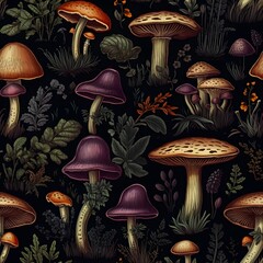 Pilz Muster, Herbst Muster, nahtlos, Nahtlosmuster, Hintergrund, Blätter, Laub, Pilze, Wald, zauberhaft
