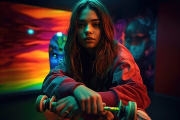 Naklejka premium Fictional Character Created By Generated AI.Beautiful young woman holding a skateboard