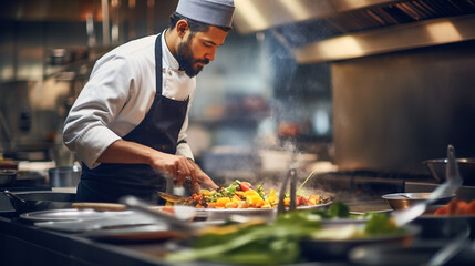 Gourmet Culinary Crafts. Chef in Upscale Restaurant Kitchen