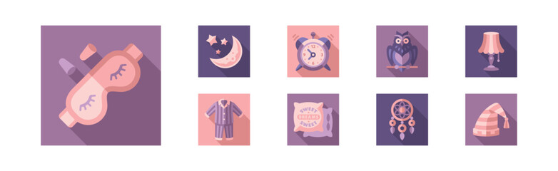 Sleep Time Flat Icons and Object in Square Shape Vector Set