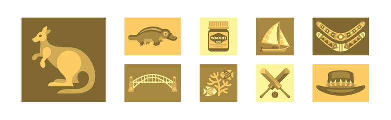 Yellow Australian Native Icons in Square Vector Set