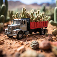 Conceptual Photo Picture of a toy truck in the dry desert