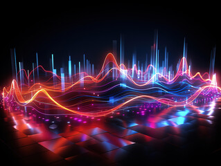 Concept of AI technology illustration neon light music waves. Generative Ai