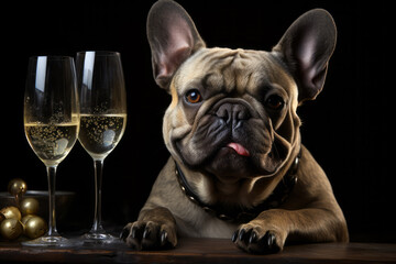 Festive clothing bulldog sitting with glass of champagne on black background. Celebrating concept