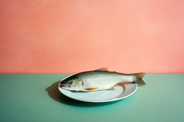Trout fish on a dinner plate, minimal concept representing high cost of living, struggling to put meager food on table, affordability increase, no luxuries with high inflation - generative AI