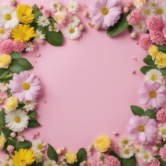 pink and white flowers frame on pink background. top view, flatlay, flat lay, top view, copy spaceframe with beautiful flowers on color backgroundpink and white flowers frame on pink background. top v