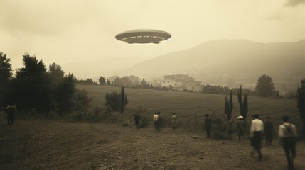 Generative AI, UFO over the Italian landscape vintage photo, aliens witnesses retro 1930s style photography  - obrazy, fototapety, plakaty