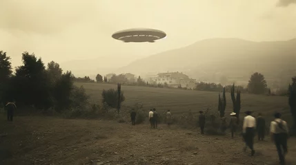 Papier Peint photo Lavable Rétro Generative AI, UFO over the Italian landscape vintage photo, aliens witnesses retro 1930s style photography 