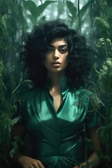 Fictional Character Created By Generated AI.A woman in a green dress among the trees