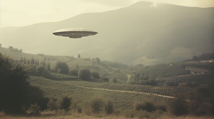 Generative AI, UFO over the Italian landscape vintage photo, aliens witnesses retro 1930s style photography 