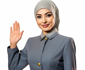 Muslim woman wearing uniform with smiling expression and waving hand