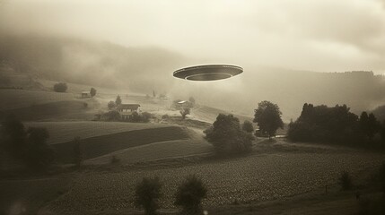 Generative AI, UFO over the Italian landscape vintage photo, aliens witnesses retro 1930s style photography 