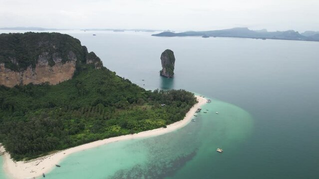 4K Aerial Footage of Koh Poda (Poda Island) in Ao Nang, Krabi, Thailand - Featuring Longtail Boats, White Sand Beaches and Crystal Clear Waters