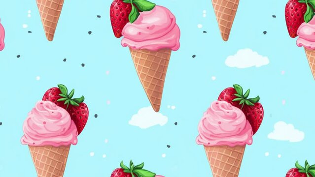 Pink strawberry ice cream . Seamless pattern on blue background.