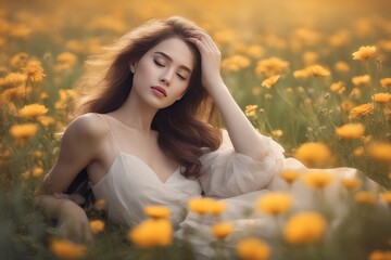 woman in dress laying in the field of flowers