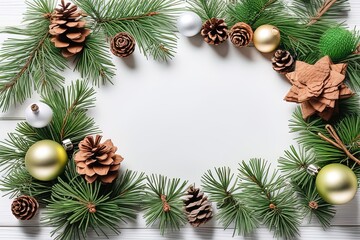 Fototapeta na wymiar top view composition of christmas tree branches and christmas decorations on white wooden background, copy spacetop view composition of christmas tree branches and christmas decorations on white woode