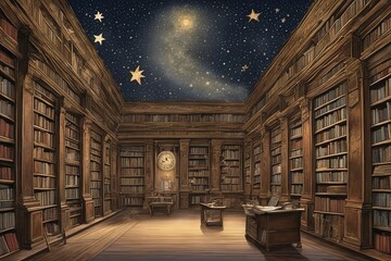 library with a book in the nightlibrary with a book in the nightlibrary with old books, books and moon.
